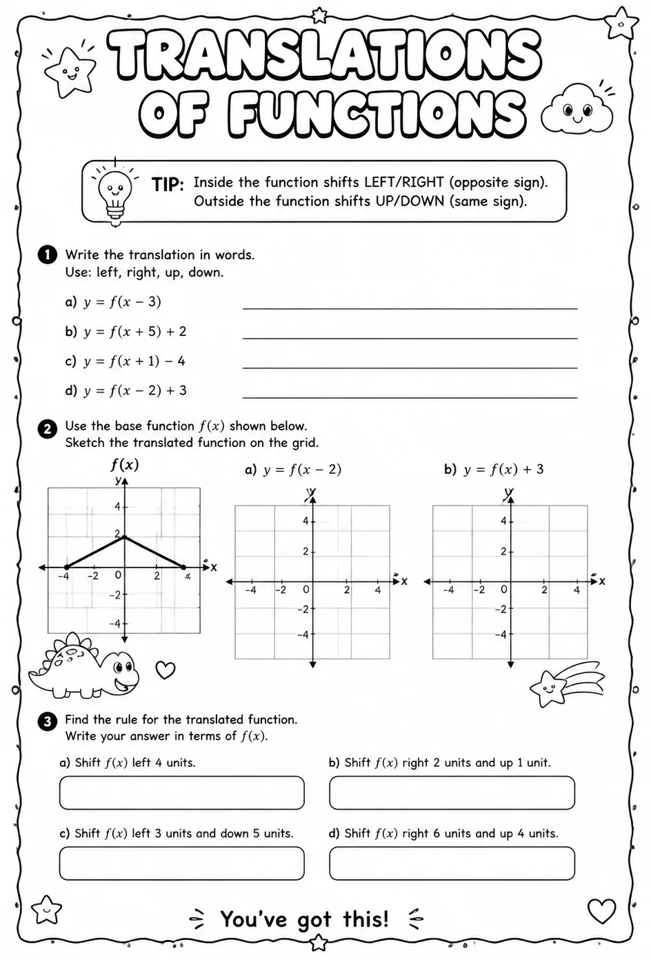 Translations of functions — free printable Precalculus math worksheet