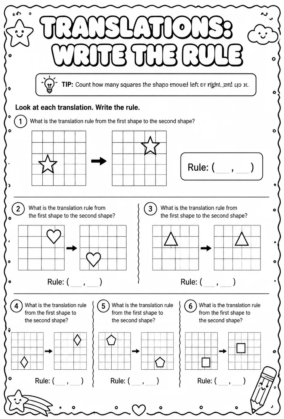 Translations: write the rule — free printable Geometry math worksheet