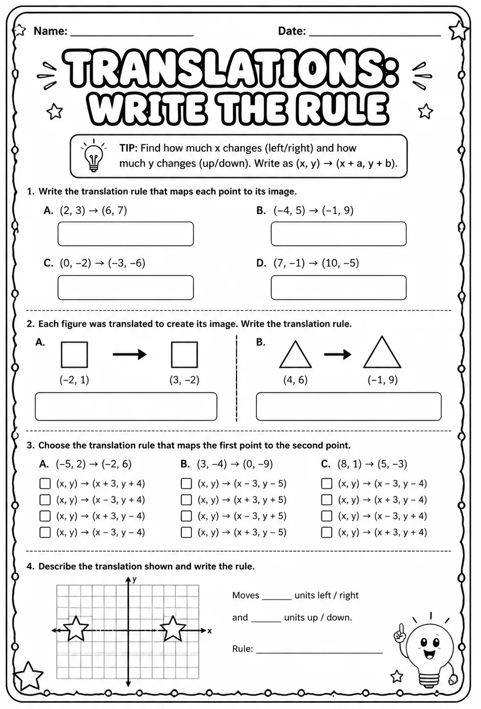 Translations: write the rule — free printable Grade 8 math worksheet