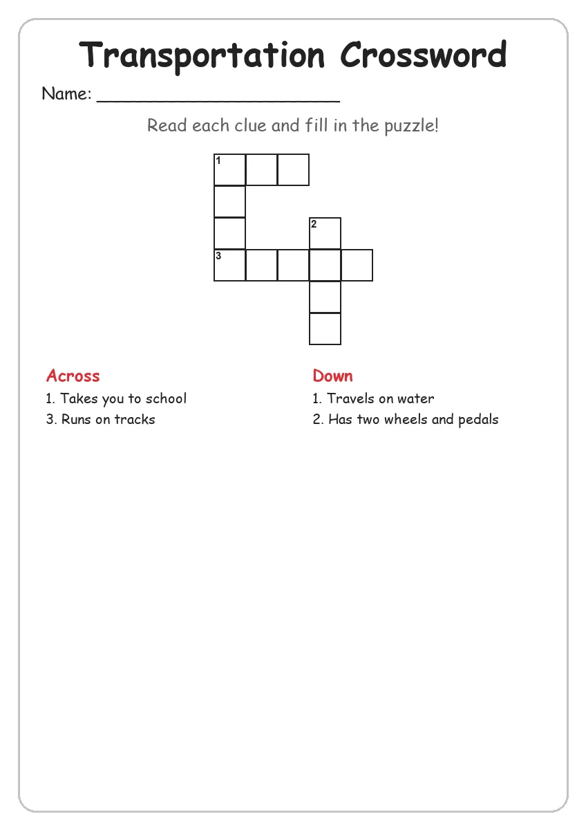 Transportation crossword worksheet for Grade 1