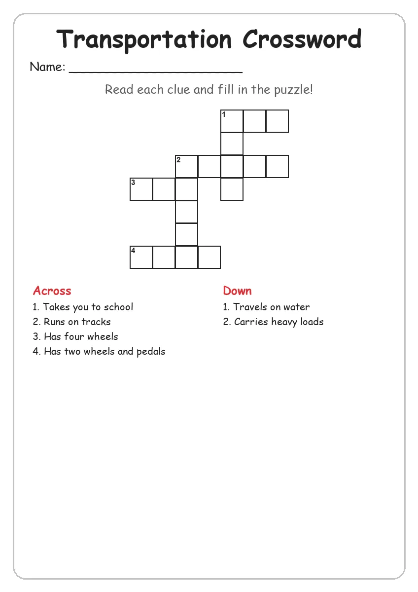 Transportation crossword worksheet for Grade 2