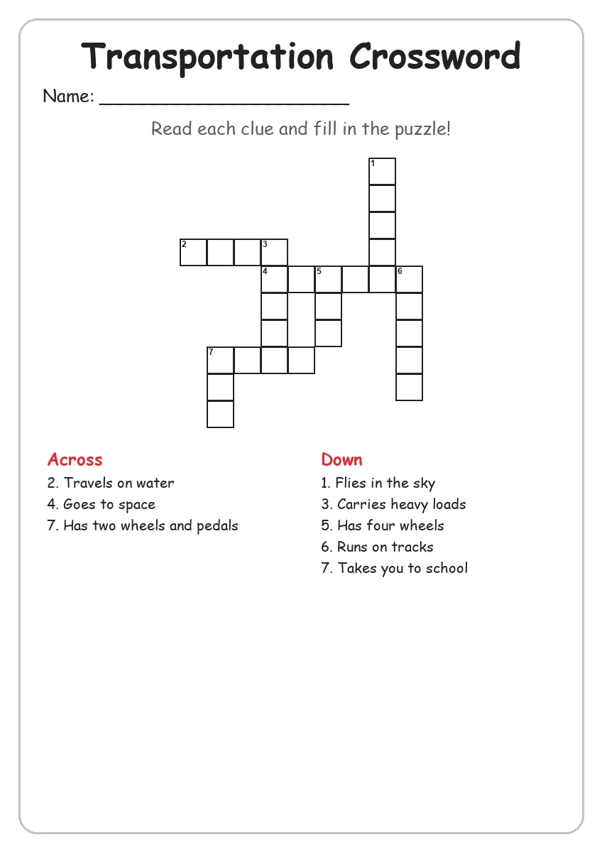 Transportation crossword worksheet for Grade 3
