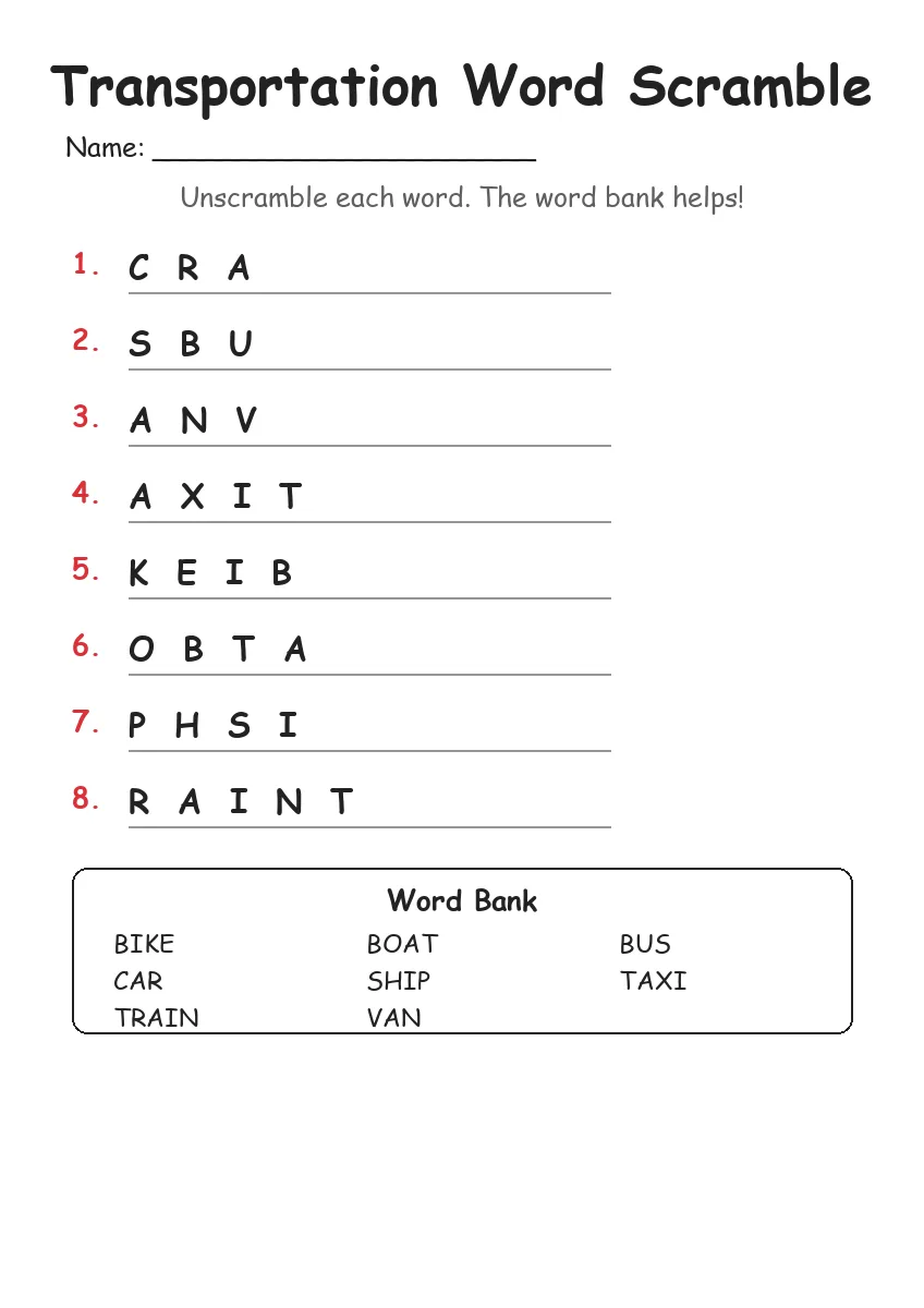 Transportation word scramble worksheet for Grade 1
