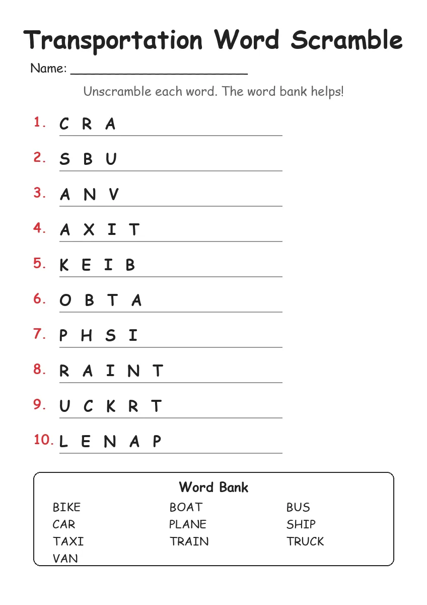 Transportation word scramble worksheet for Grade 2