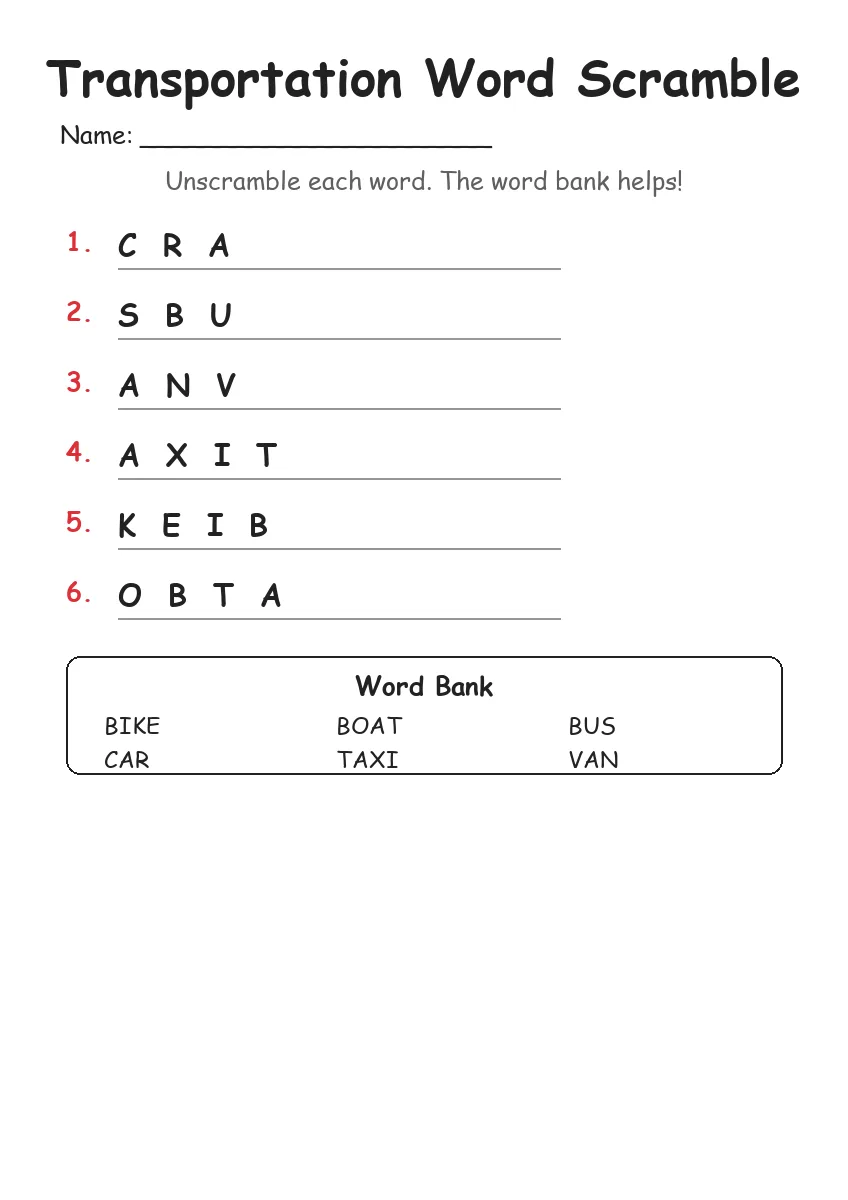 Transportation word scramble worksheet for Kindergarten