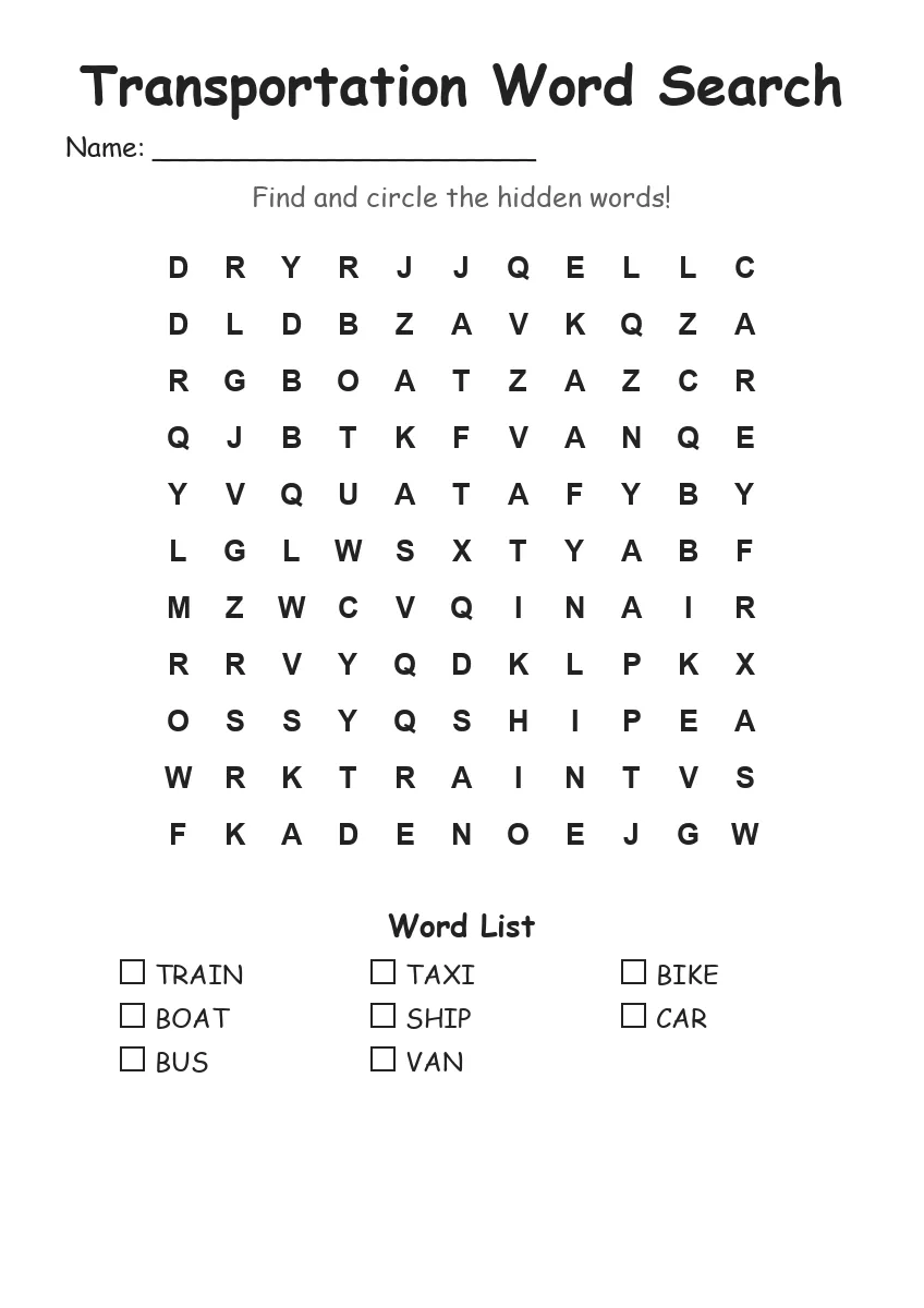 Transportation word search worksheet for Grade 1