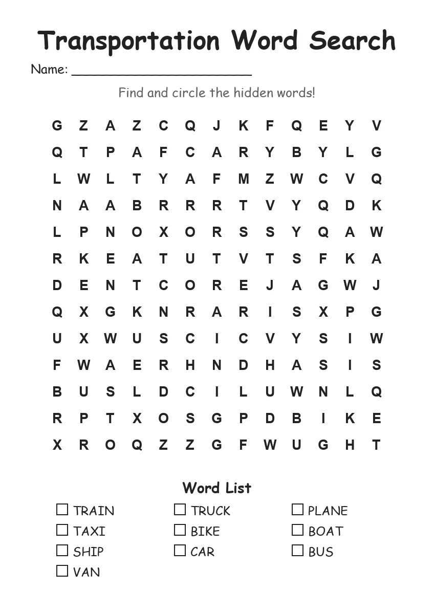 Transportation word search worksheet for Grade 2