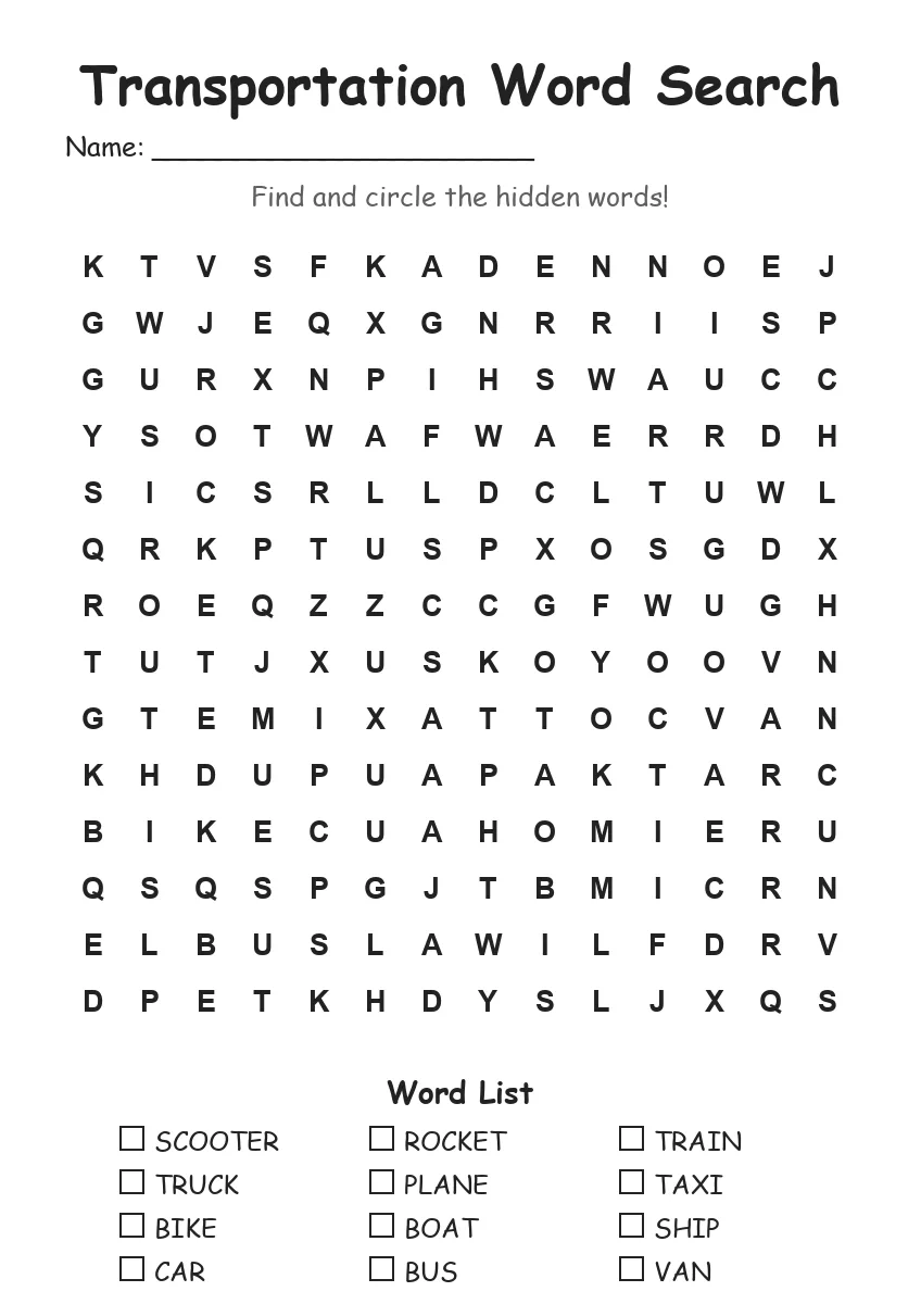 Transportation word search worksheet for Grade 3