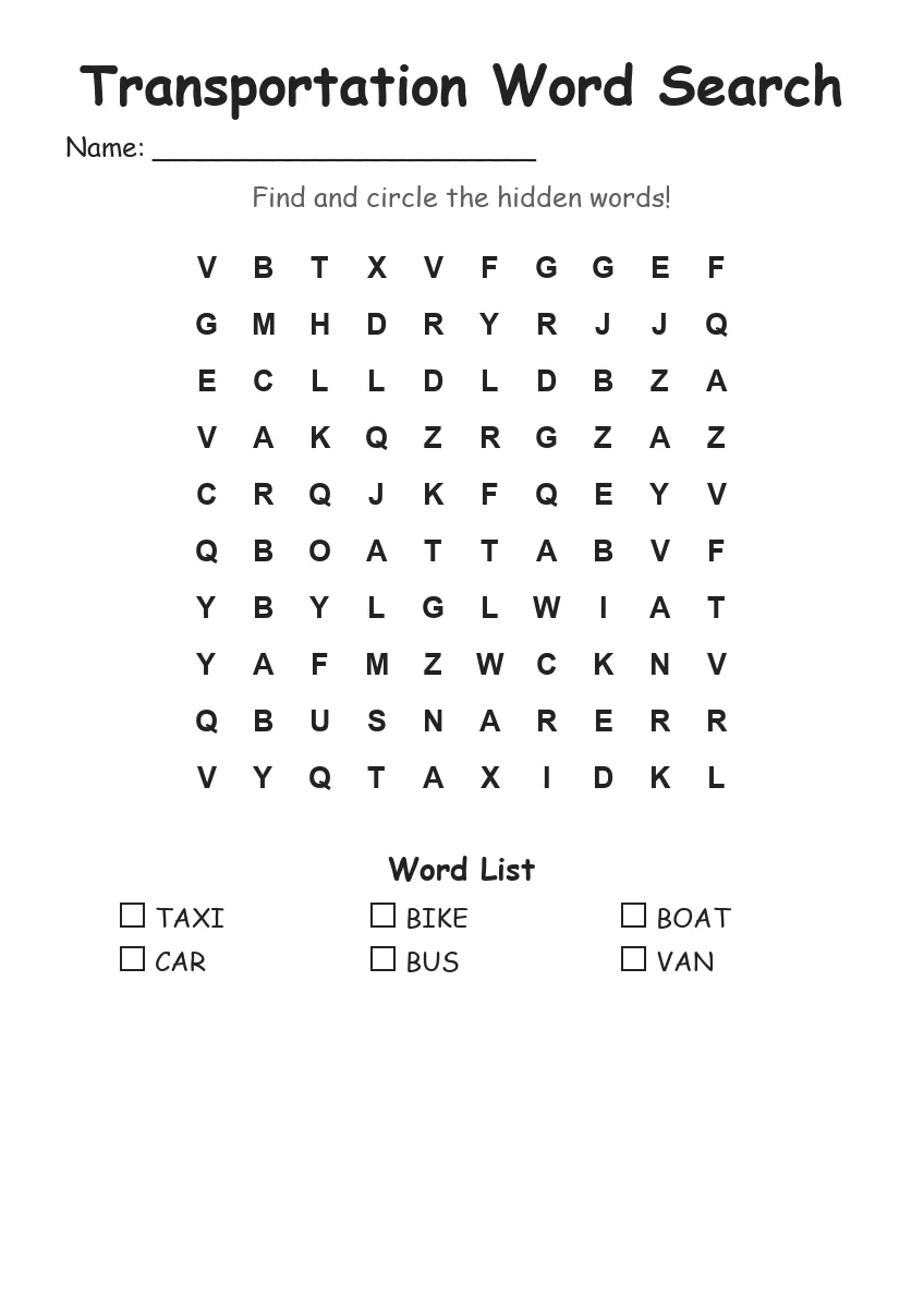 Transportation word search worksheet for Kindergarten