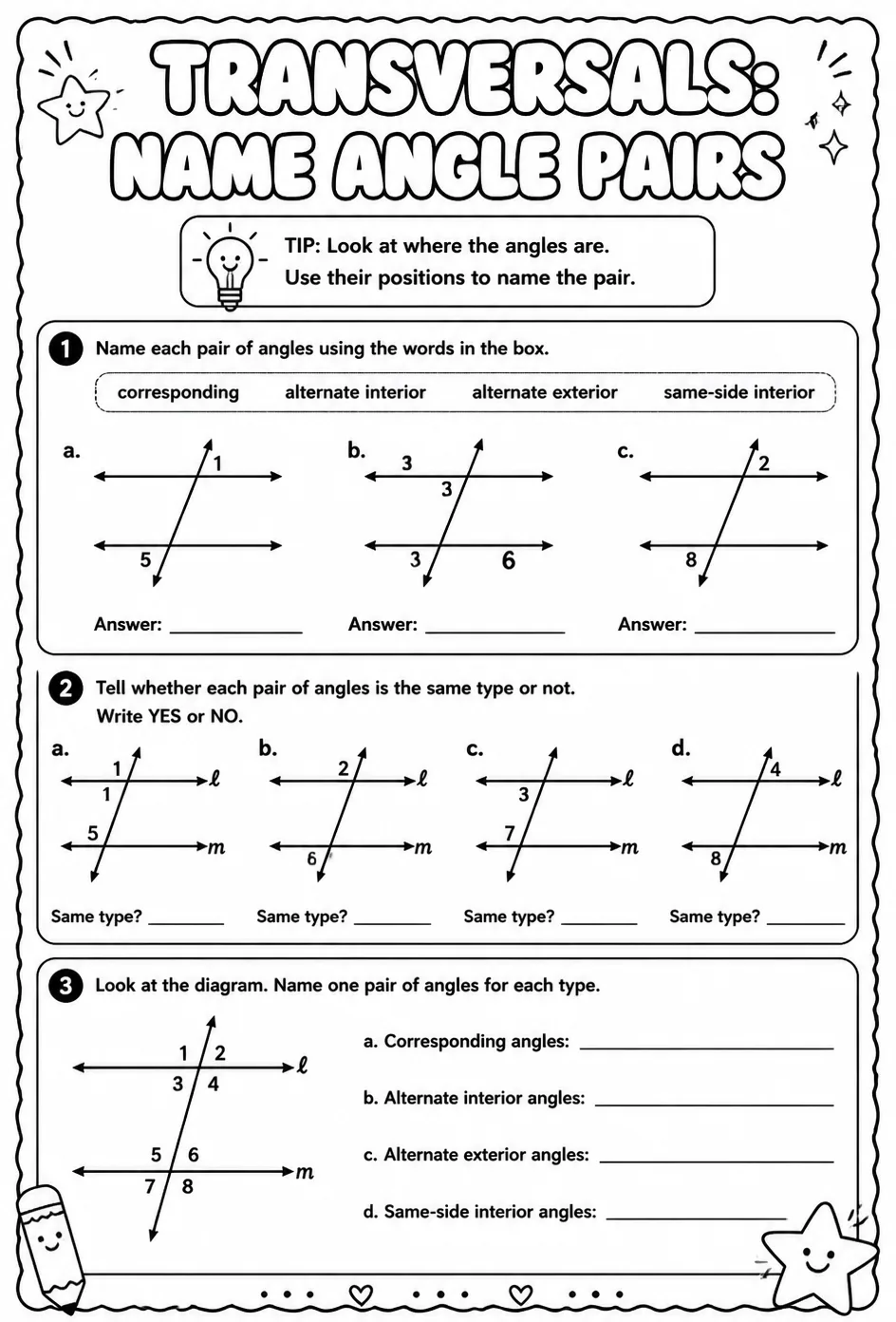 Transversals: name angle pairs — free printable Geometry math worksheet