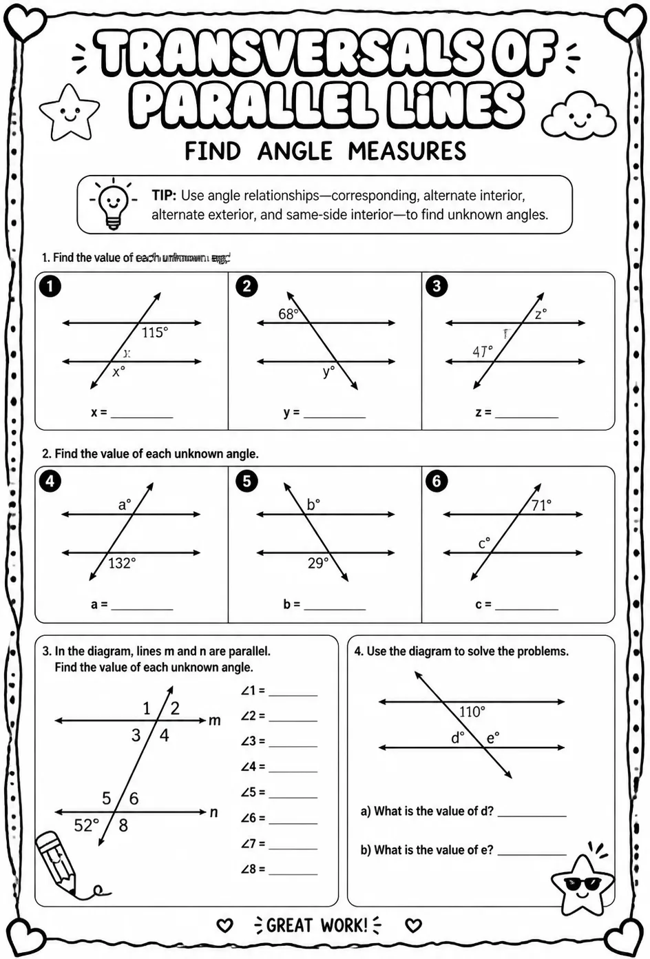 Transversals of parallel lines: find angle measures — free printable Geometry math worksheet