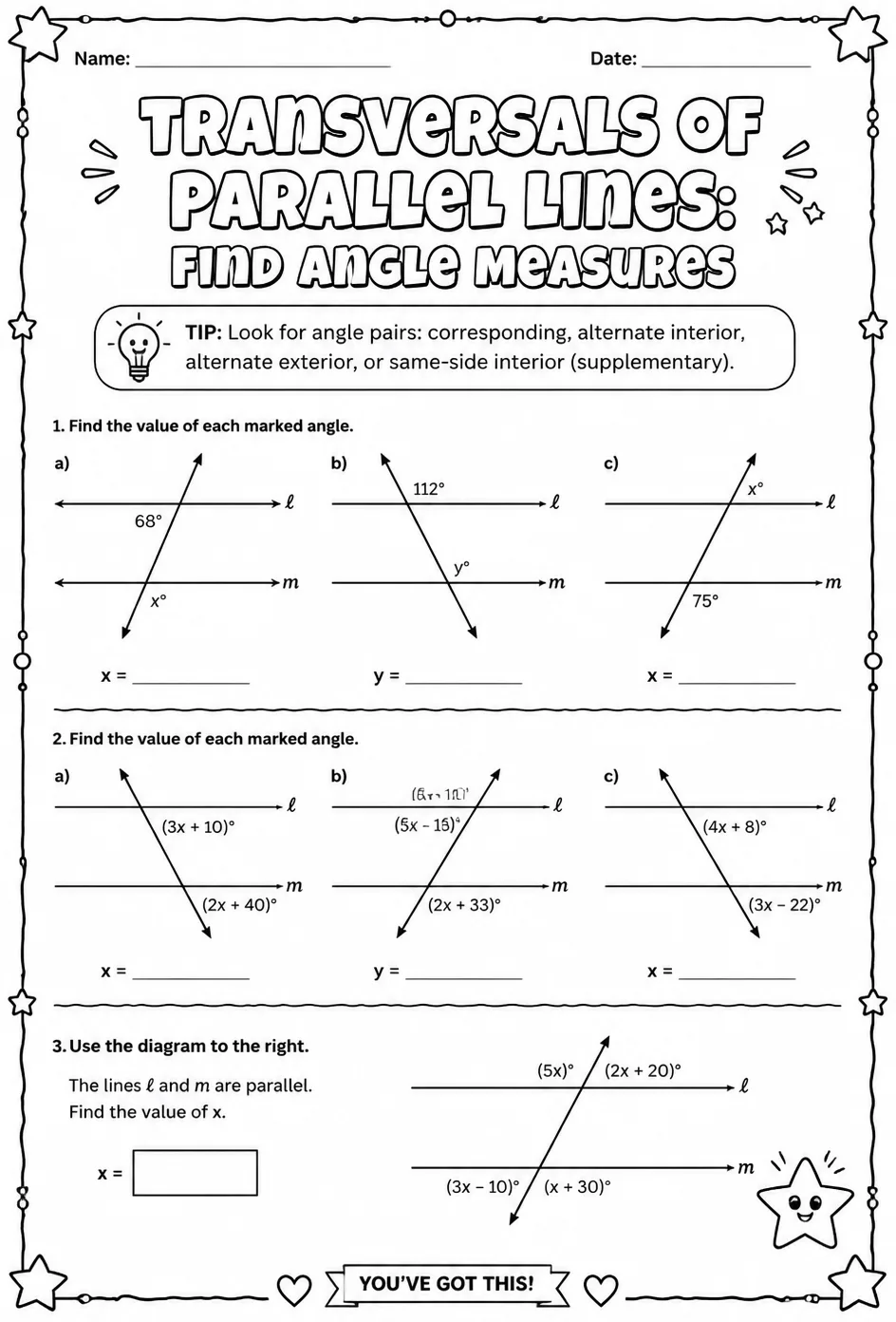Transversals of parallel lines: find angle measures — free printable Grade 7 math worksheet