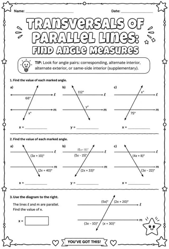 Transversals of parallel lines: find angle measures