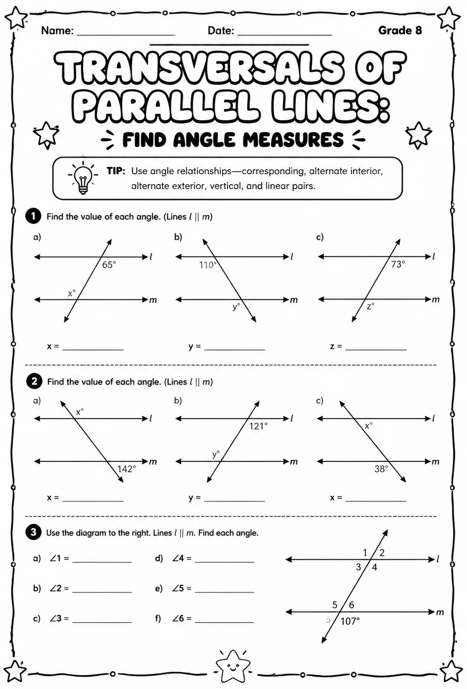 Transversals of parallel lines: find angle measures — free printable Grade 8 math worksheet