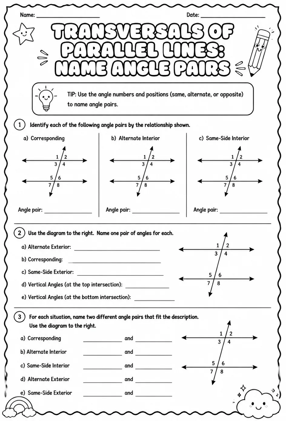 Transversals of parallel lines: name angle pairs — free printable Grade 7 math worksheet