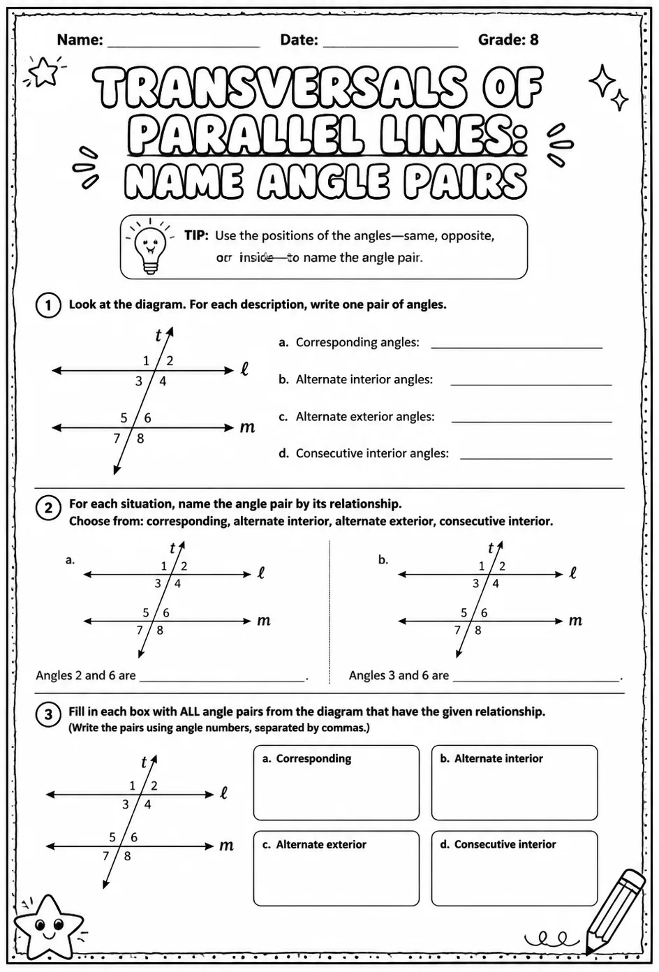 Transversals of parallel lines: name angle pairs — free printable Grade 8 math worksheet