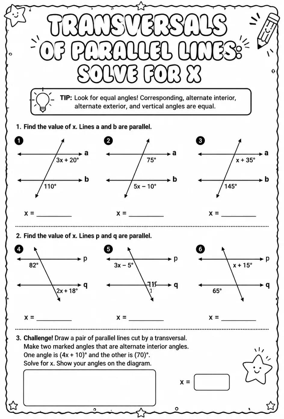 Transversals of parallel lines: solve for x — free printable Geometry math worksheet