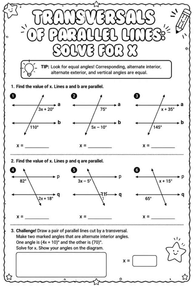 Transversals of parallel lines: solve for x