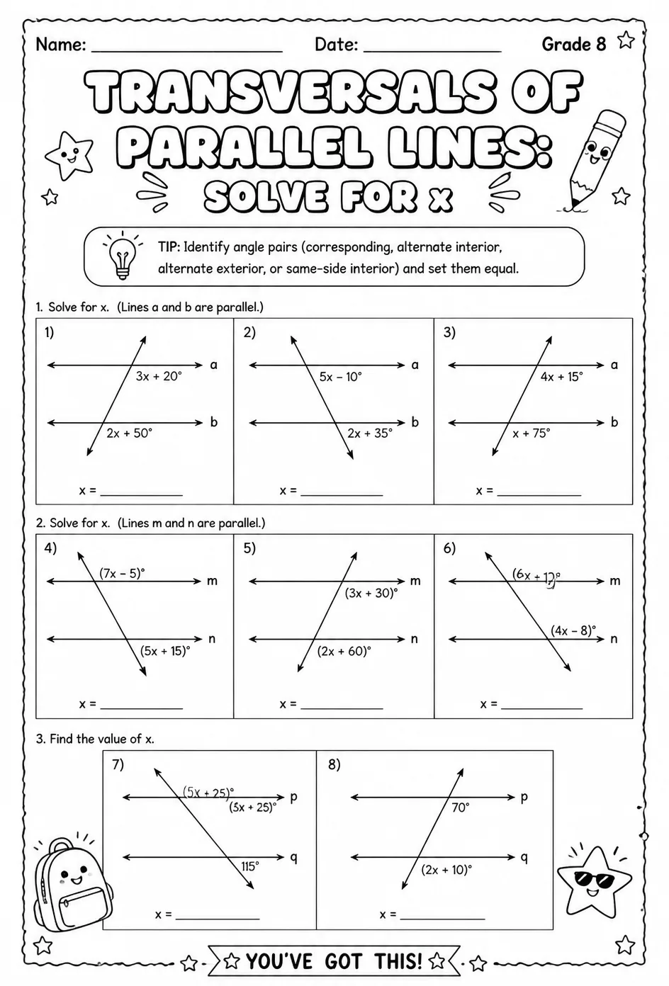 Transversals of parallel lines: solve for x — free printable Grade 8 math worksheet