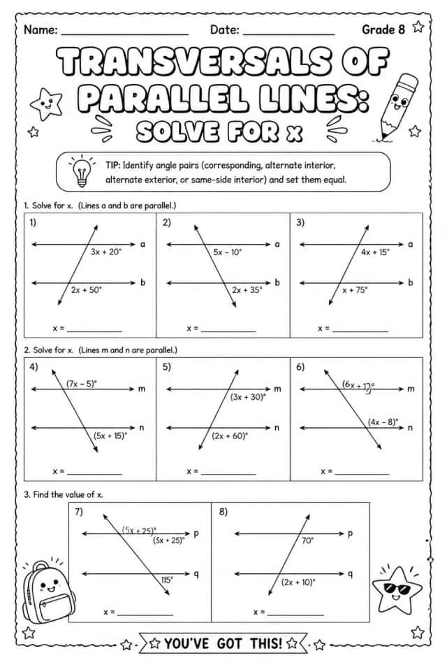Transversals of parallel lines: solve for x