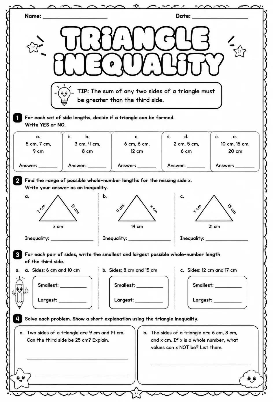 Triangle inequality — free printable Grade 6 math worksheet