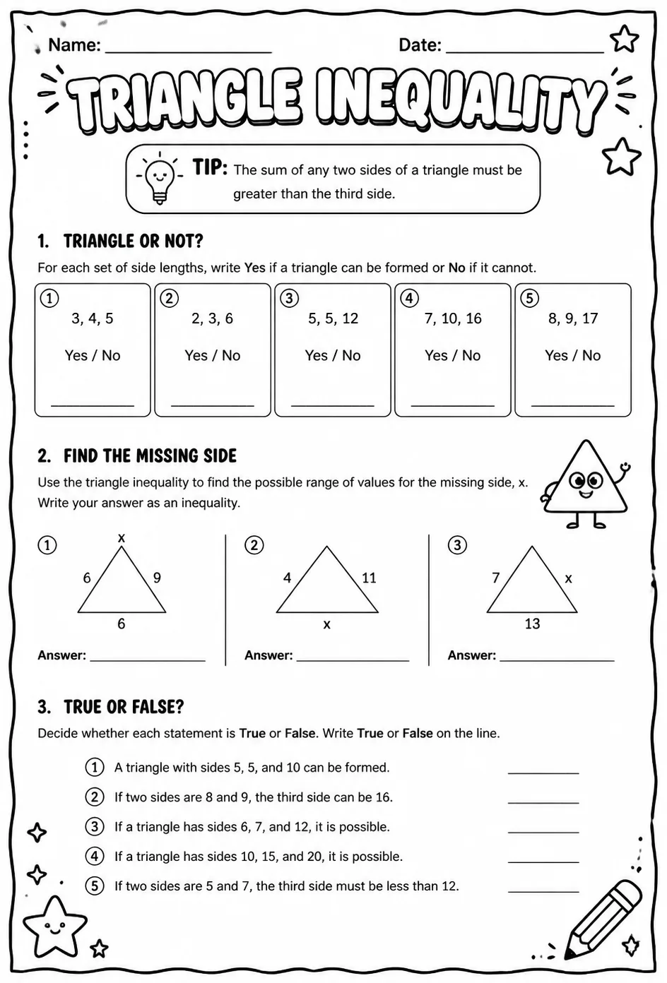 Triangle inequality — free printable Grade 7 math worksheet