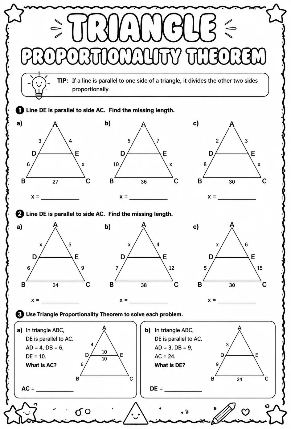 Triangle Proportionality Theorem — free printable Geometry math worksheet
