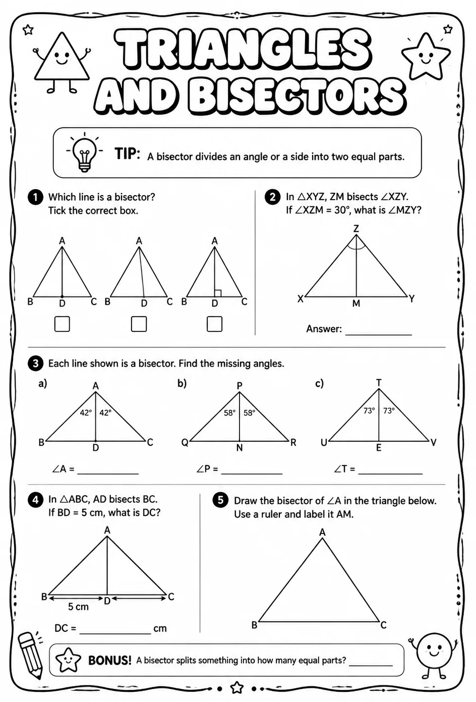 Triangles and bisectors — free printable Geometry math worksheet
