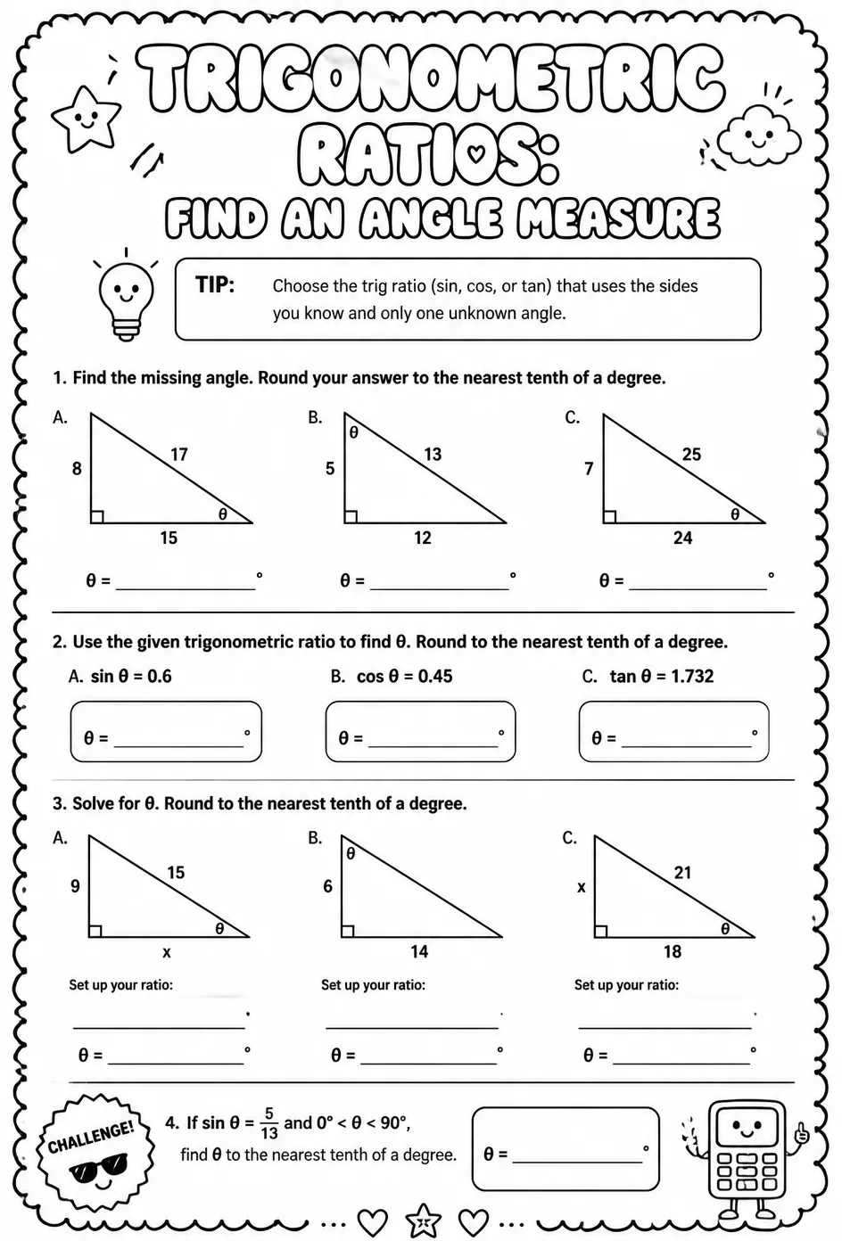 Trigonometric ratios: find an angle measure — free printable Algebra 2 math worksheet