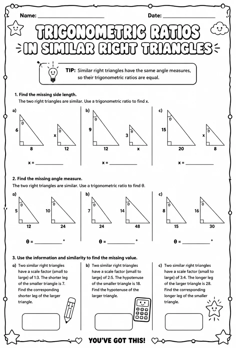 Trigonometric ratios in similar right triangles — free printable Algebra 2 math worksheet