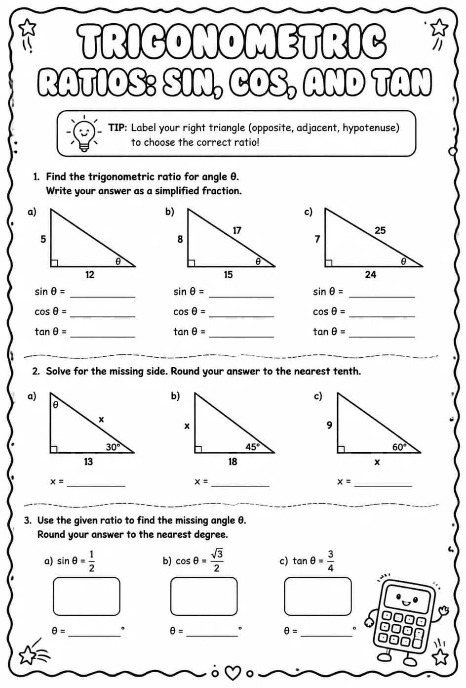 Trigonometric ratios: sin, cos, and tan — free printable Algebra 2 math worksheet