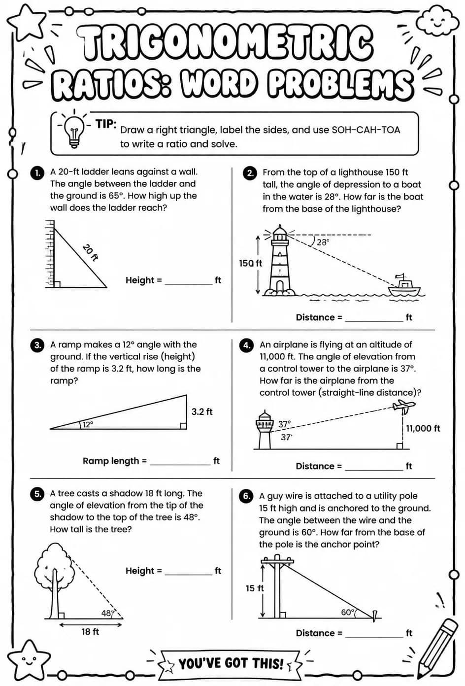 Trigonometric ratios: word problems — free printable Algebra 2 math worksheet
