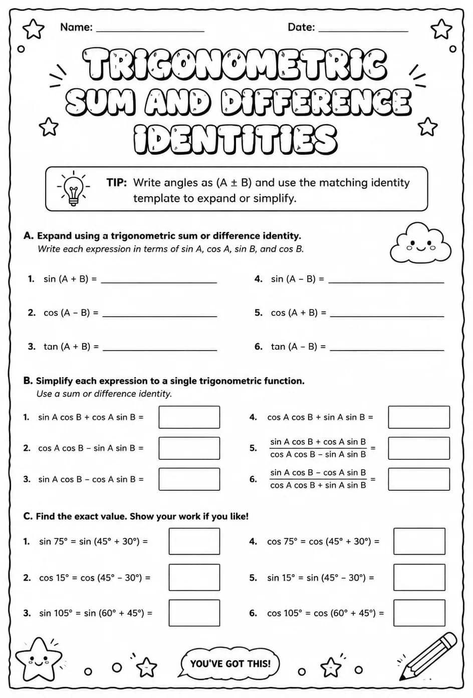 Trigonometric sum and difference identities — free printable Algebra 2 math worksheet