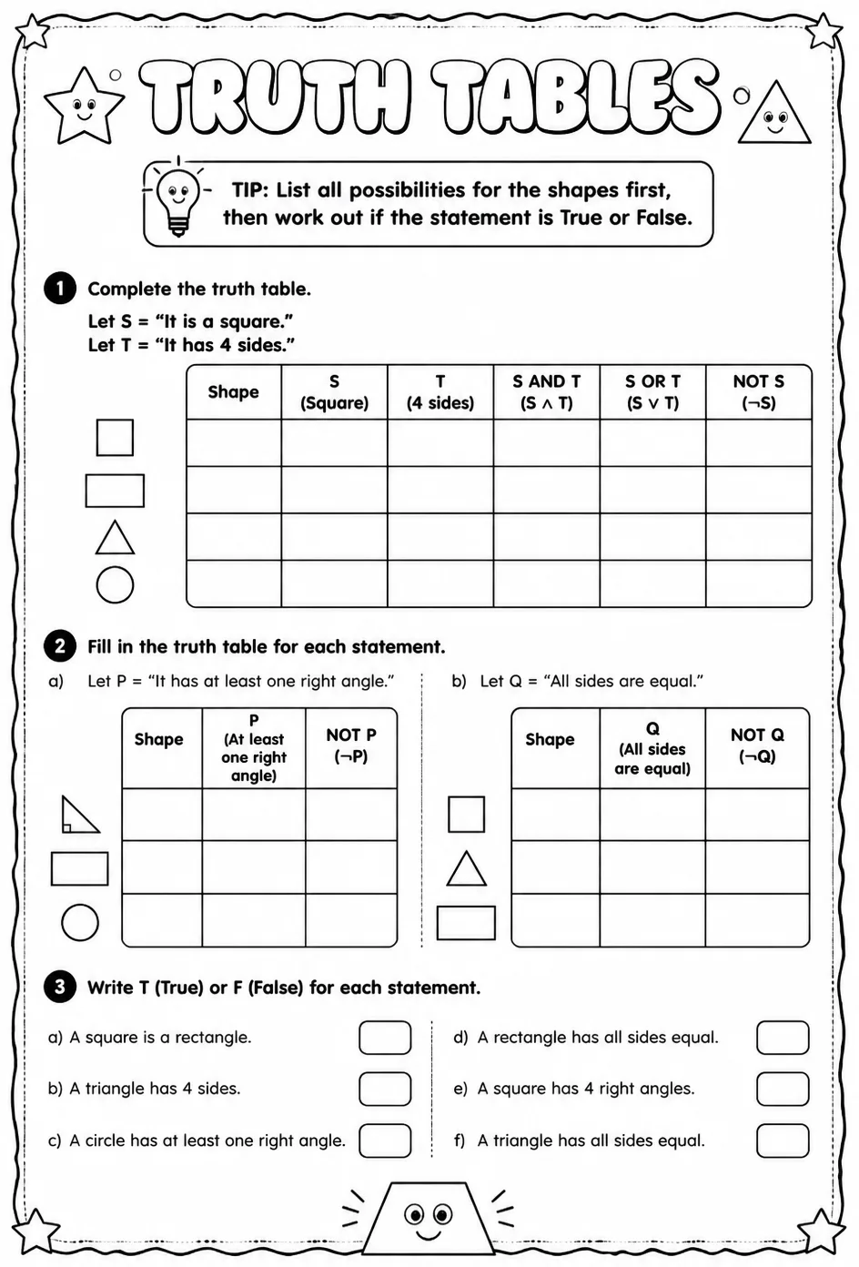 Truth tables — free printable Geometry math worksheet