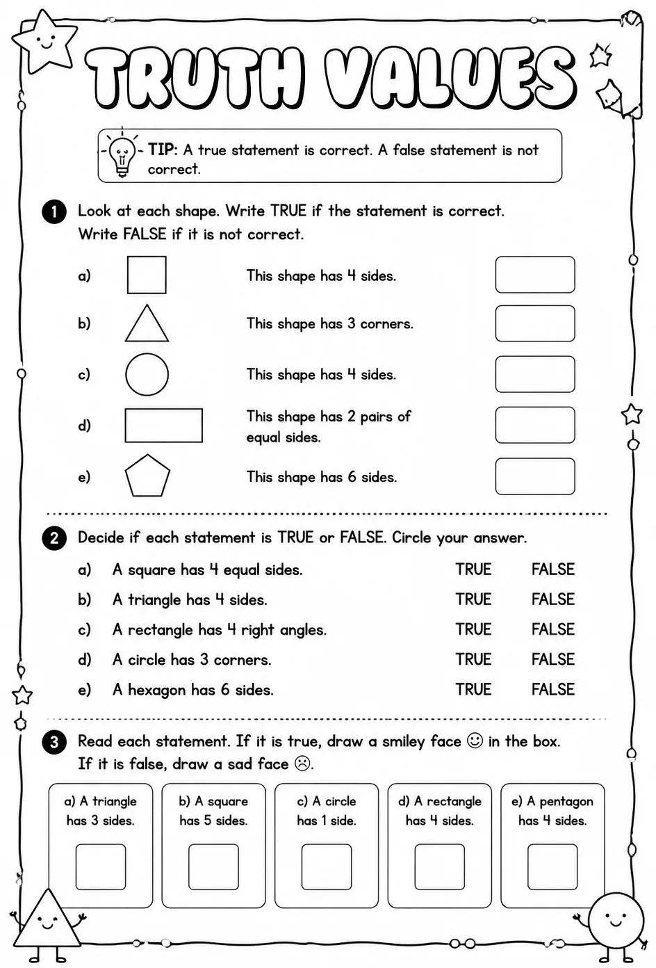 Truth values — free printable Geometry math worksheet