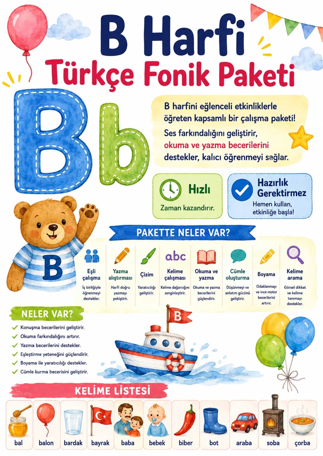 Turkish Letter B Phonics Worksheets Pack printable worksheet pack preview from KiwiBee