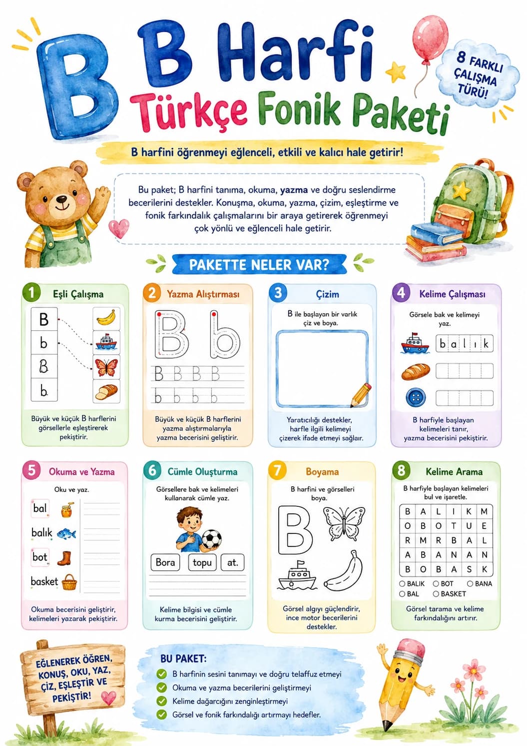 Turkish Letter B Phonics Worksheets Pack printable worksheet pack preview from KiwiBee