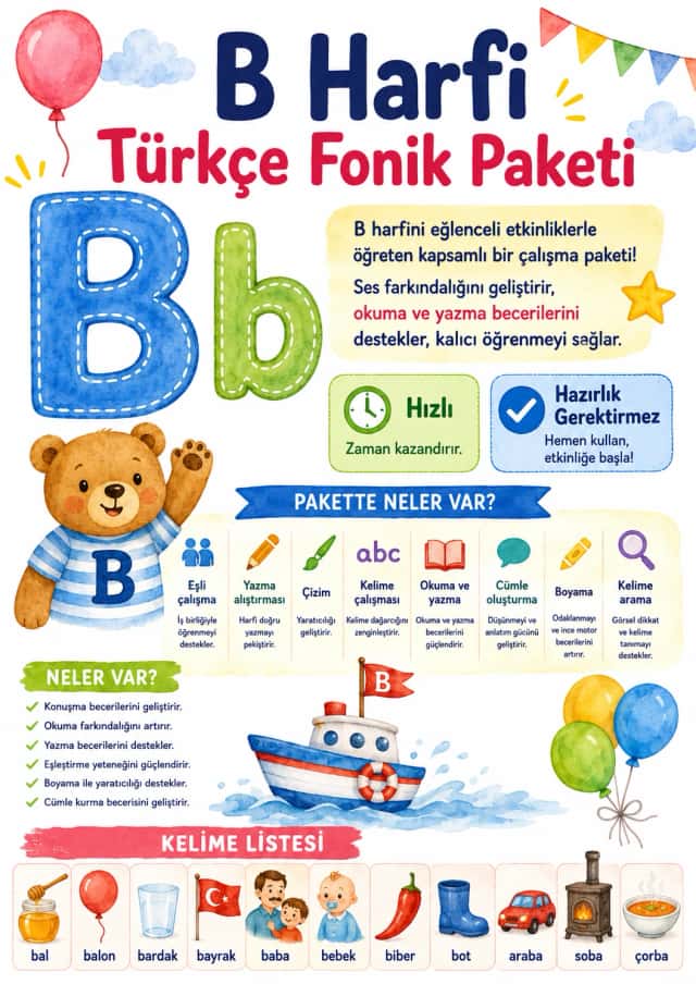 Turkish Letter B Phonics Worksheets Pack
