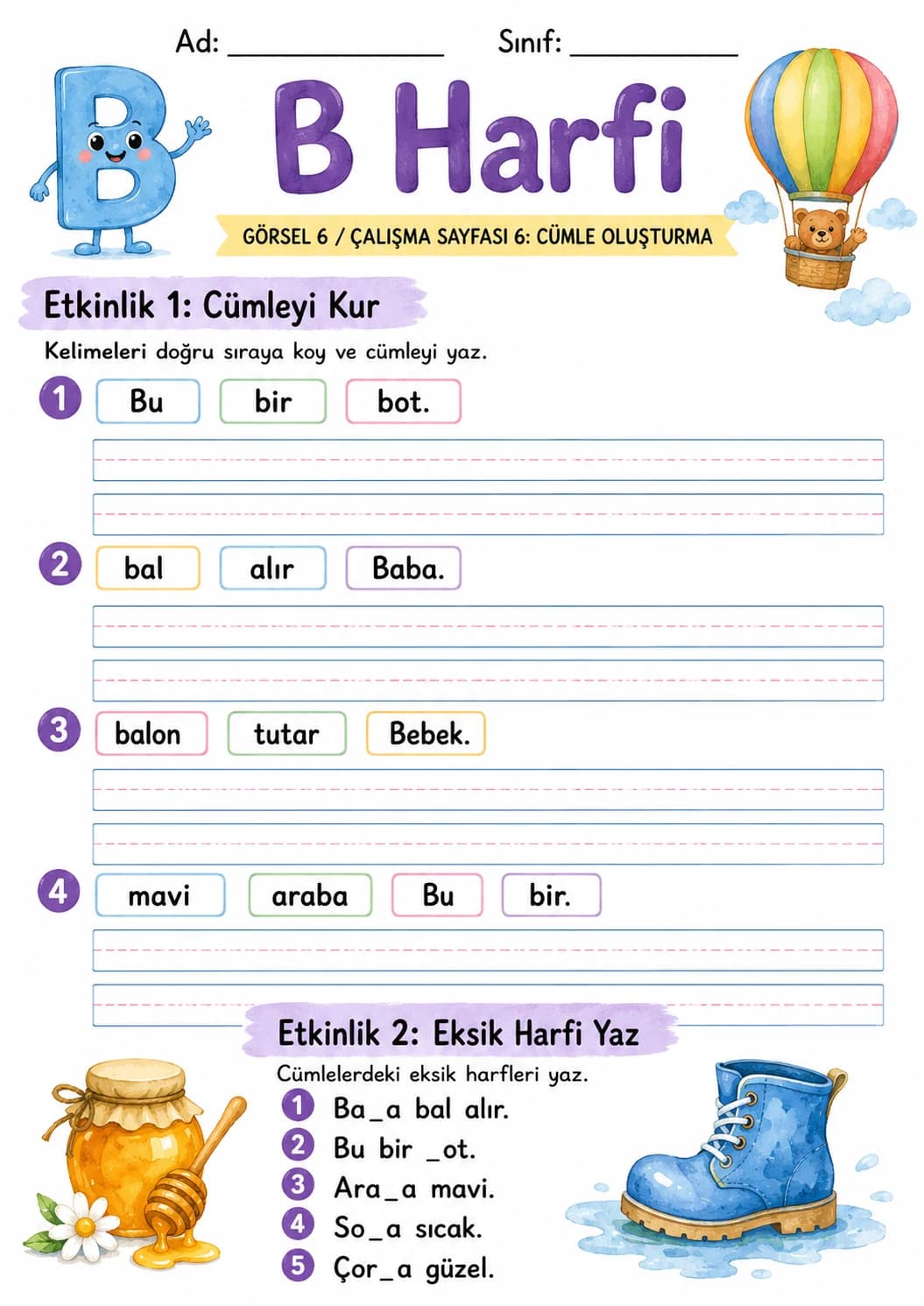 Turkish Letter B Phonics Worksheets Pack page 5 printable worksheet preview