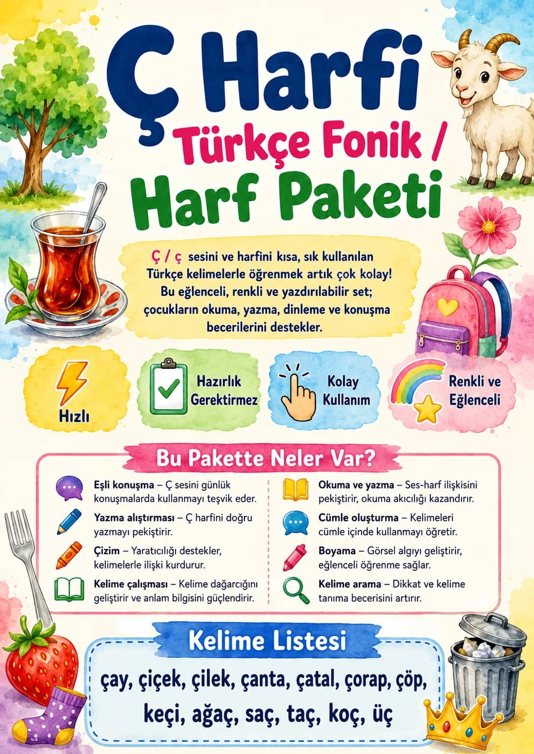 Turkish Letter C Cedilla Phonics Worksheets Pack printable worksheet pack preview from KiwiBee
