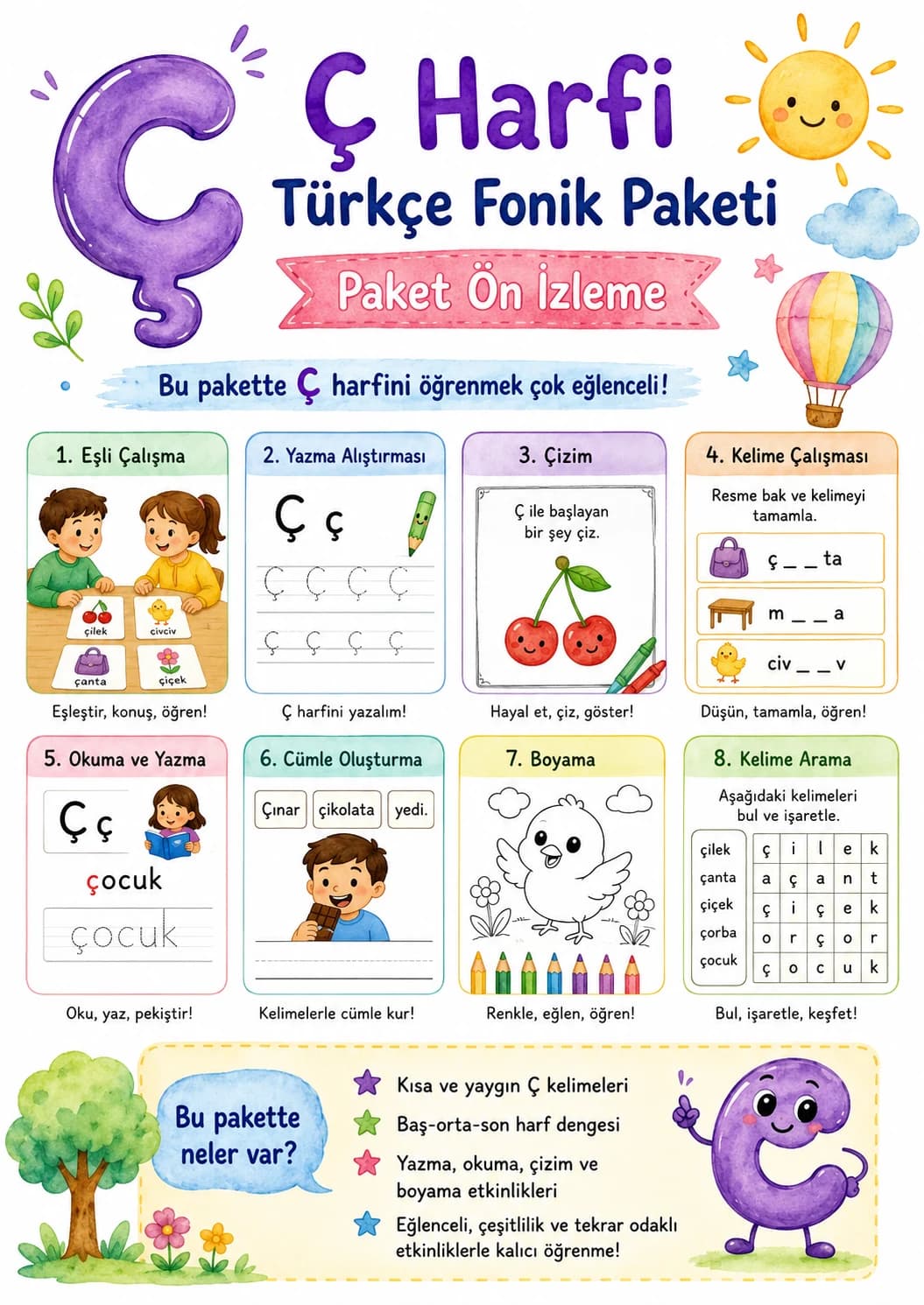 Turkish Letter C Cedilla Phonics Worksheets Pack printable worksheet pack preview from KiwiBee