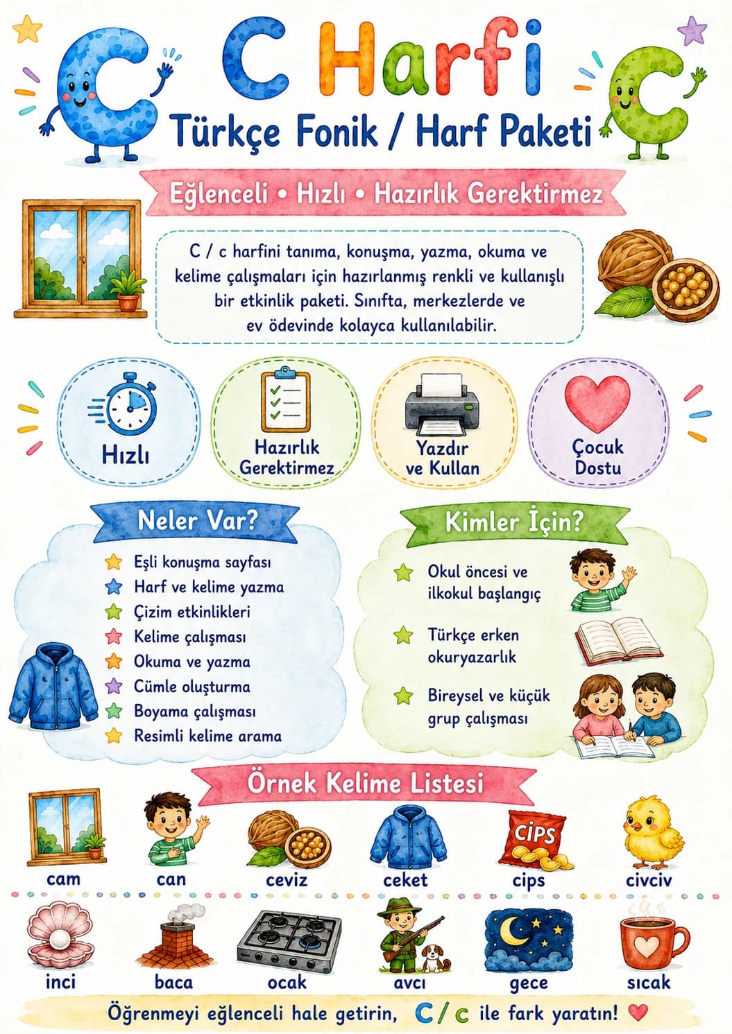 Turkish Letter C Phonics Worksheets Pack printable worksheet pack preview from KiwiBee