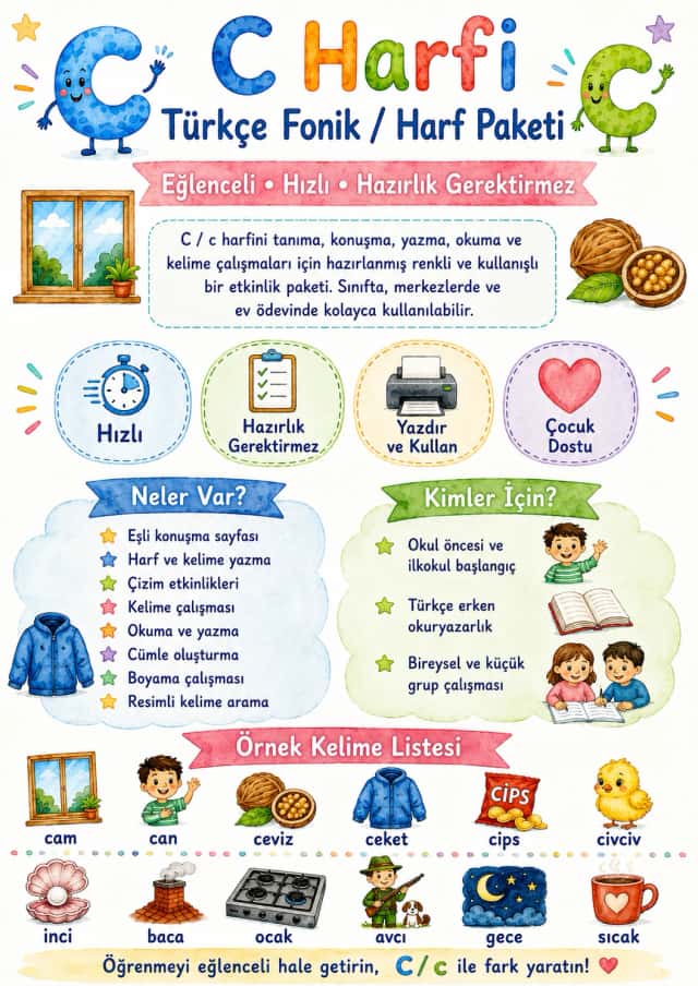 Turkish Letter C Phonics Worksheets Pack