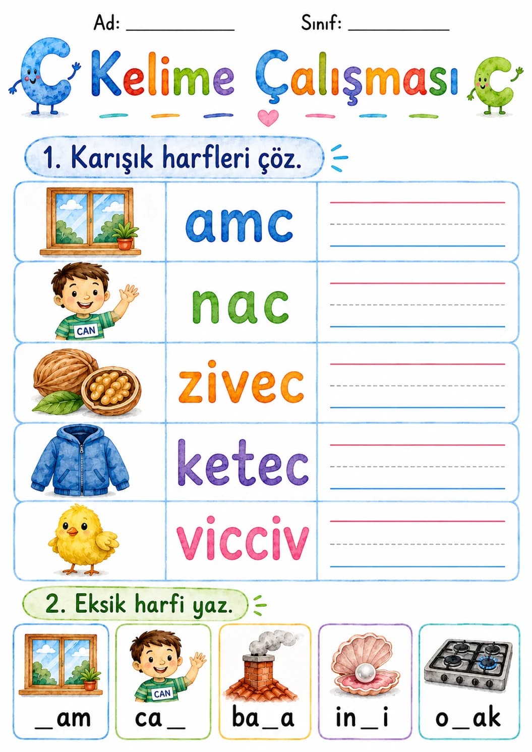 Turkish Letter C Phonics Worksheets Pack page 9 printable worksheet preview