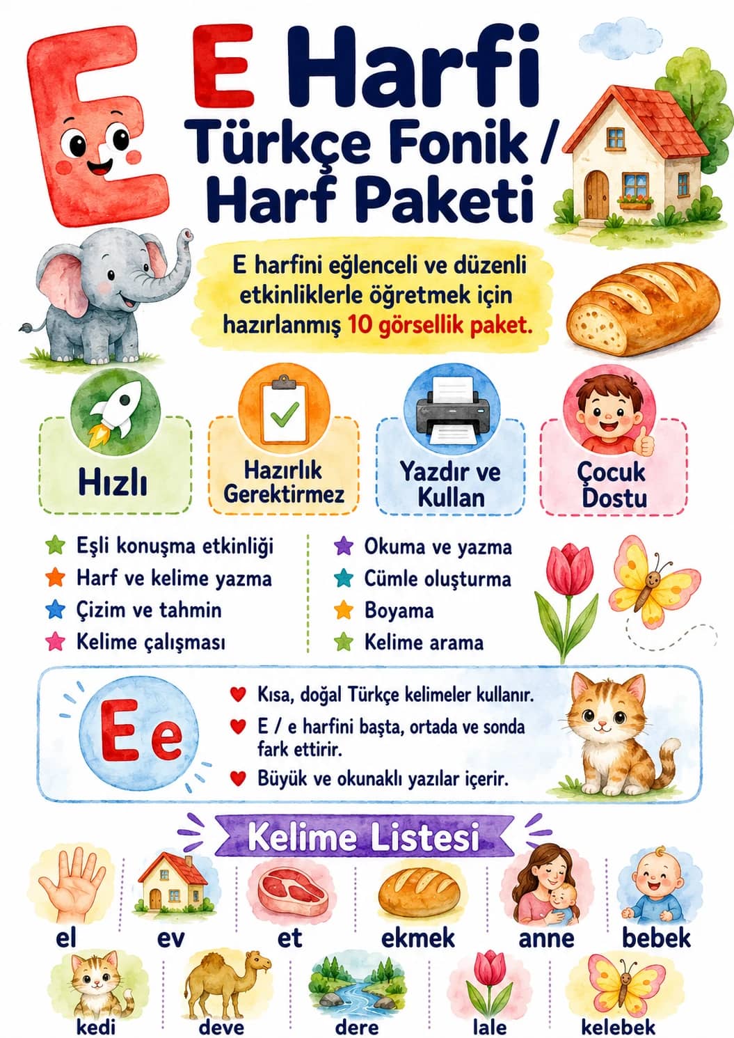 Turkish Letter E Phonics Worksheets Pack printable worksheet pack preview from KiwiBee