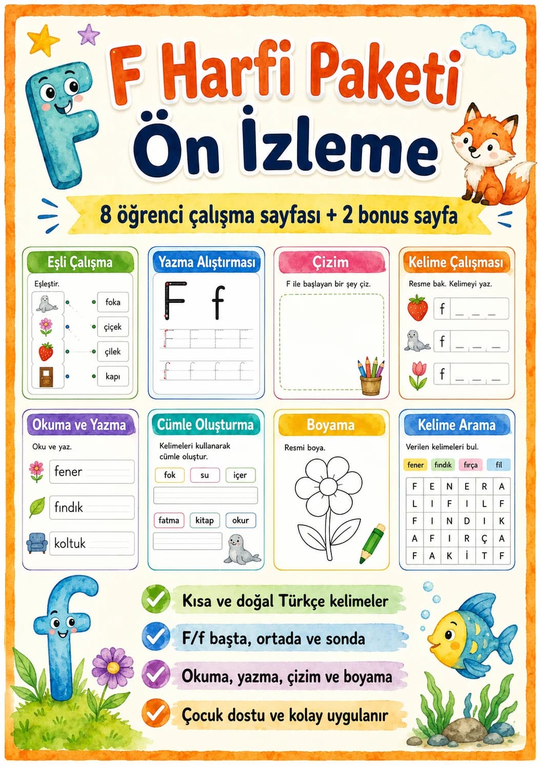 Turkish Letter F Phonics Worksheets Pack page 2 printable worksheet preview