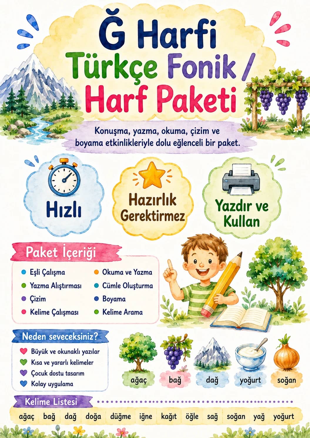 Turkish Letter G Breve Phonics Worksheets Pack printable worksheet pack preview from KiwiBee