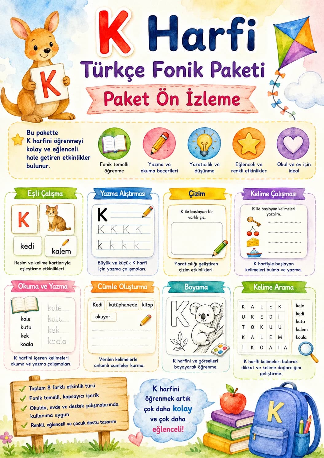 Turkish Letter K Phonics Worksheets Pack printable worksheet pack preview from KiwiBee