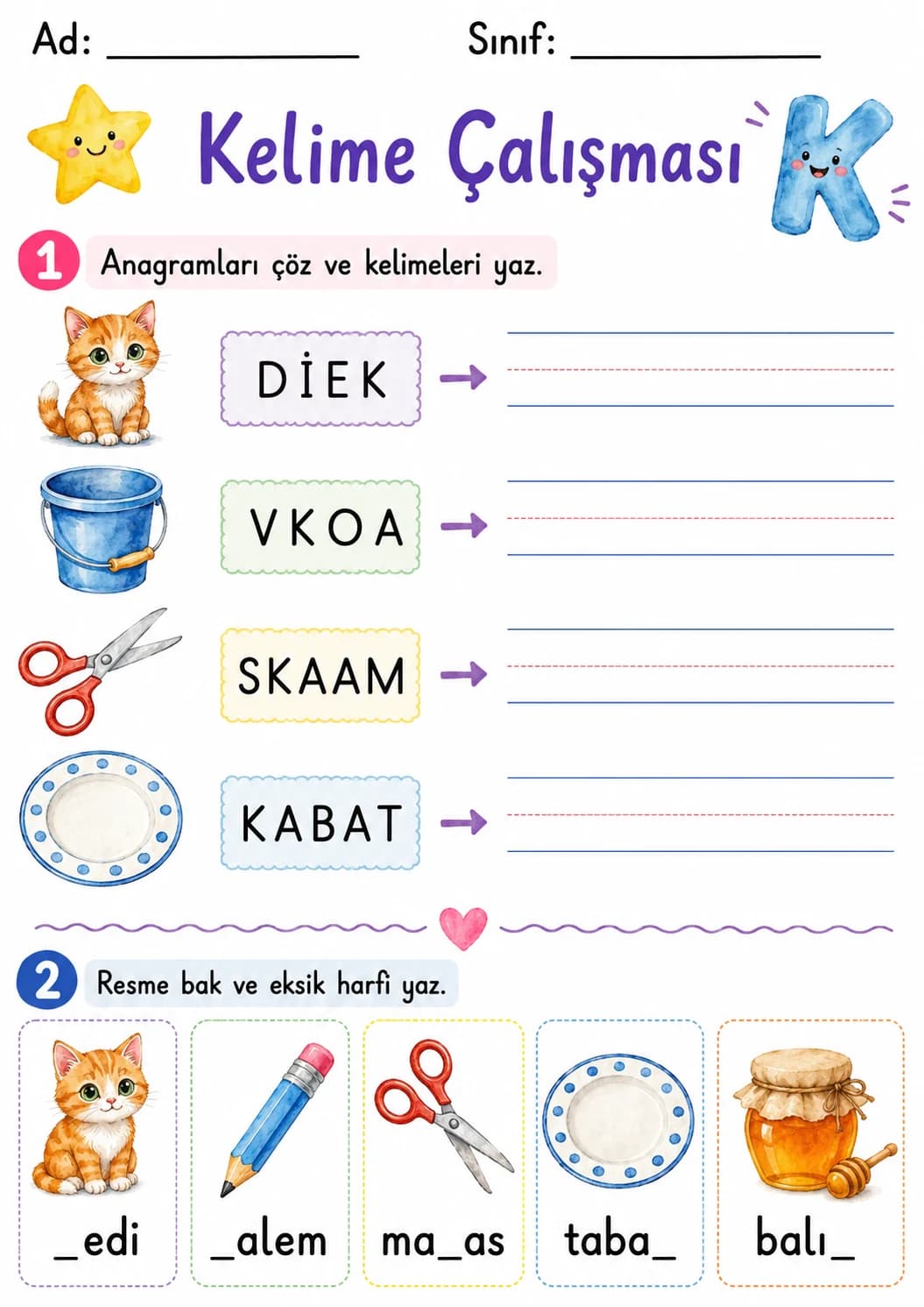 Turkish Letter K Phonics Worksheets Pack page 4 printable worksheet preview