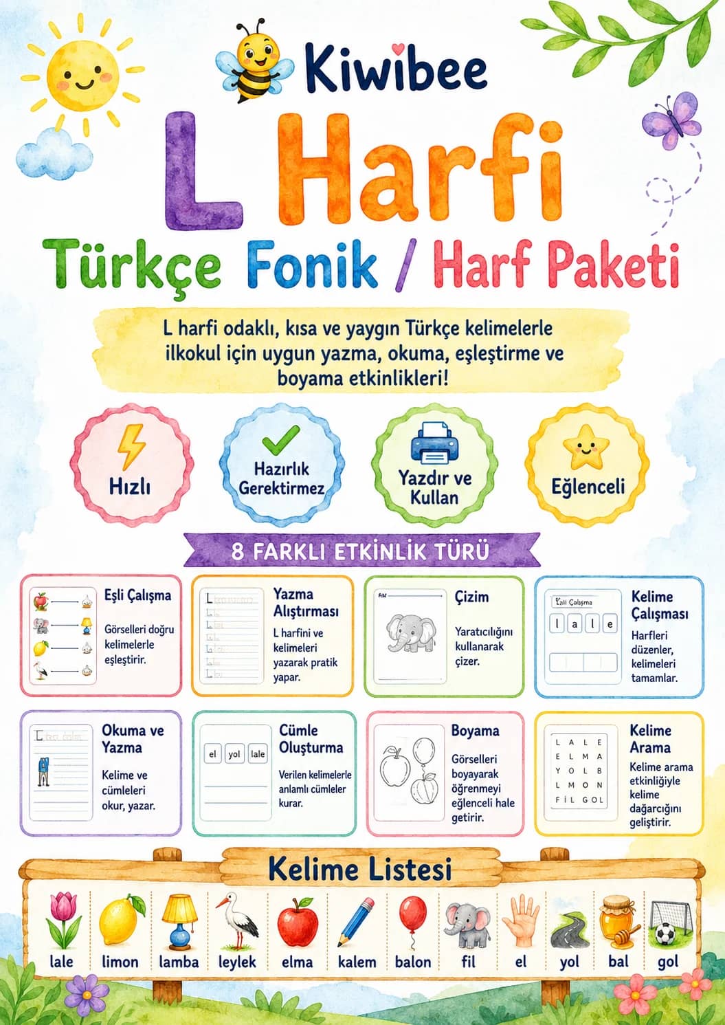 Turkish Letter L Phonics Worksheets Pack printable worksheet pack preview from KiwiBee